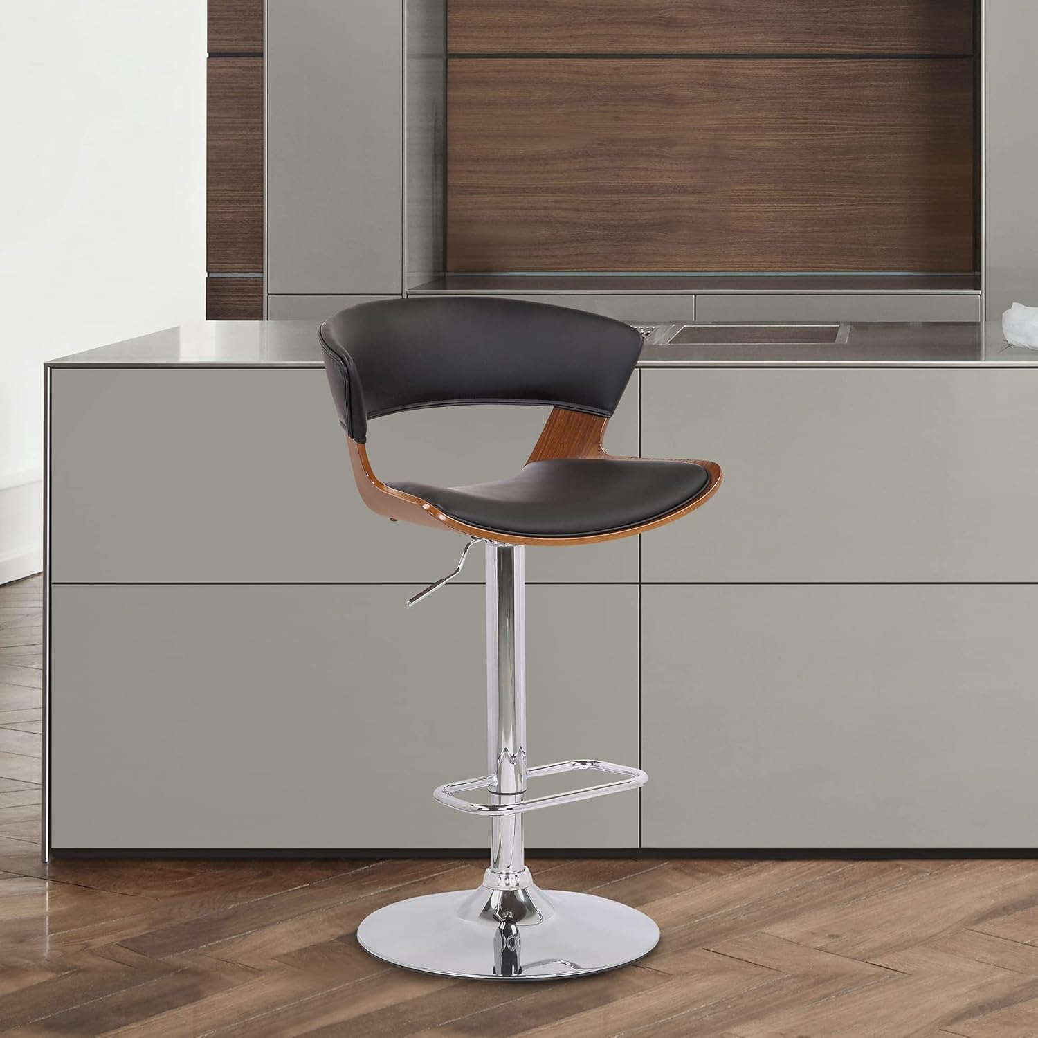 Karine Adjustable Swivel Black Faux Leather and Walnut Wood Bar Stool with Black Base