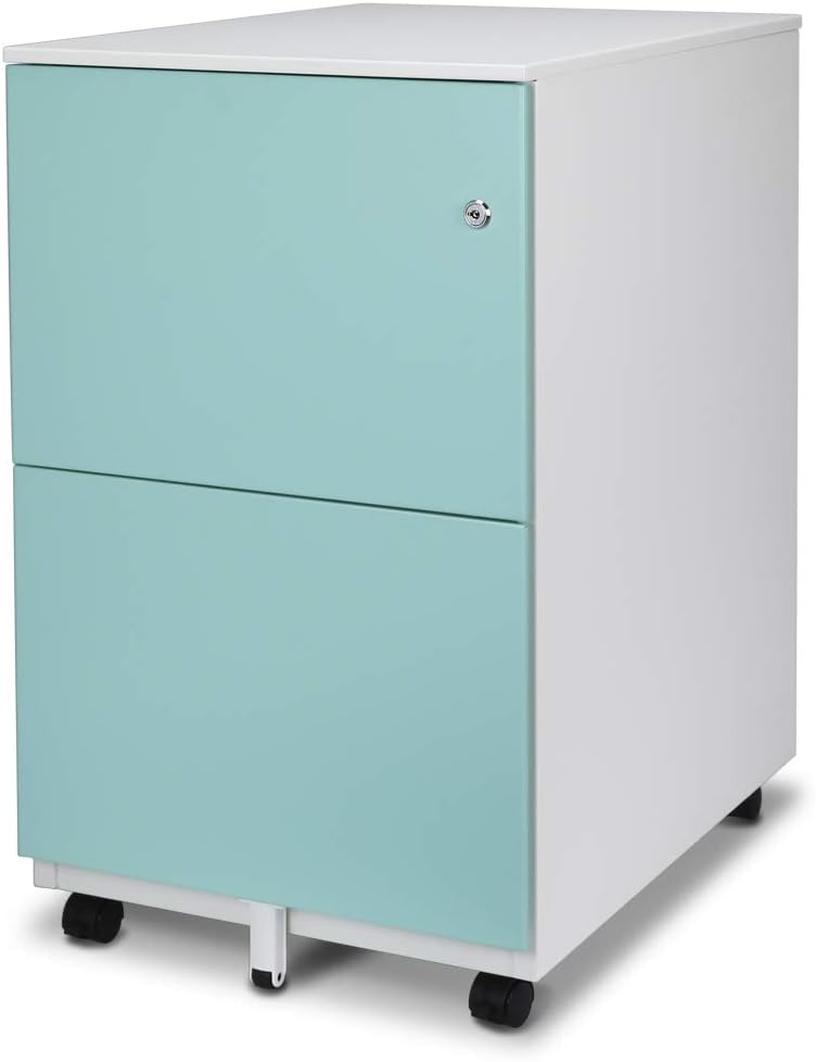 Aurora FC-102BK Modern Soho Design 2-Drawer Metal Mobile File Cabinet with Lock Key/Fully Assembled, Black