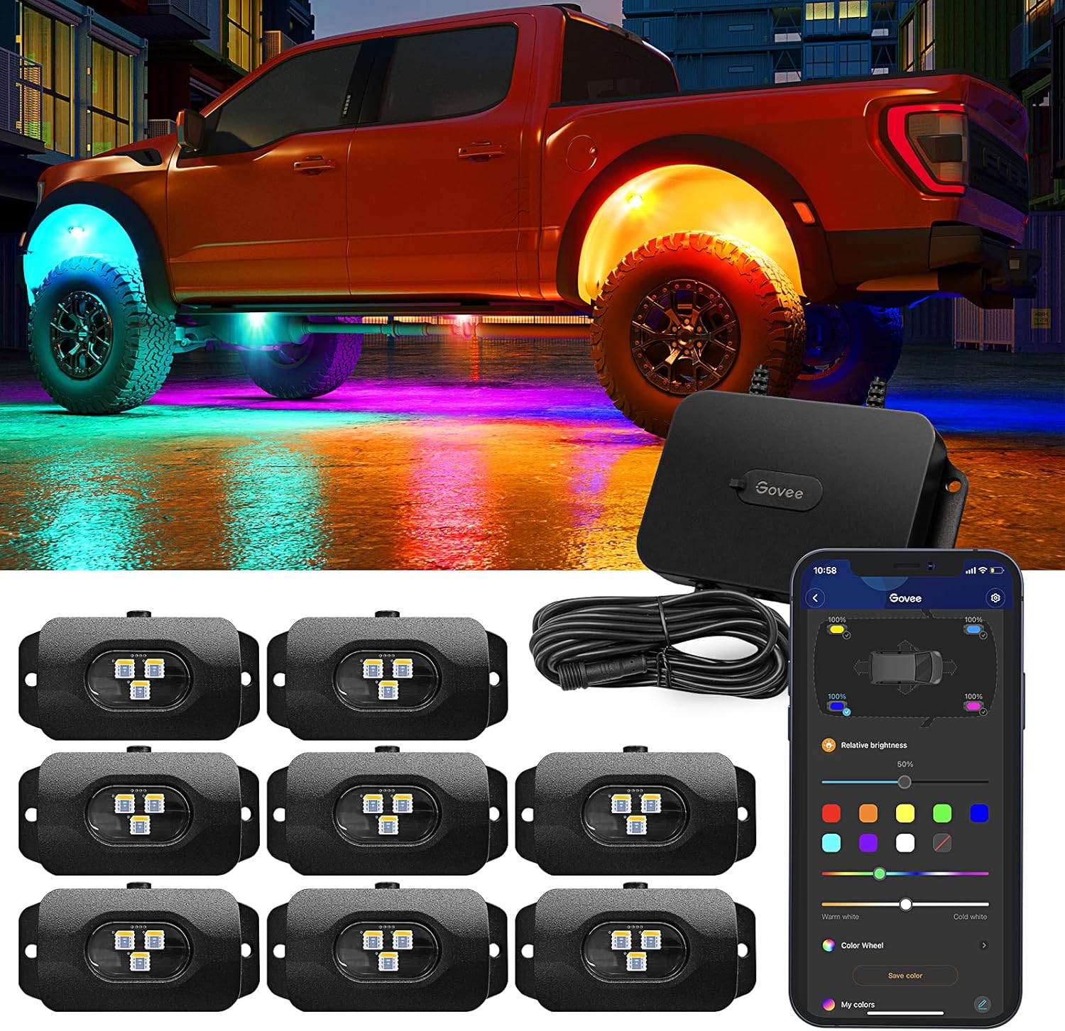 Govee Rock Lights with Smart APP Control, RGBIC Car Underglow Lights with 64 Scene Modes, 8 Pods Warm White Car Lights with IP67 Waterproof and Reactive Music Mode for Cars, Trucks, DC 12V