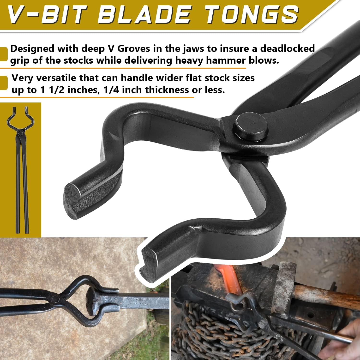 Blacksmith Tongs Set for Blacksmith Bladesmith Knife Making Tongs Includes V Bit Tongs, Flat Jaw Tongs, Wolf Jaw Tongs & Blade Tongs (4 tongs)
