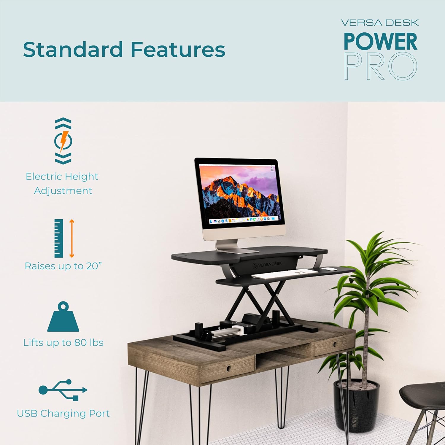 VersaDesk Power Pro USA Manufactured | Sit to Stand Electric Desk Converter | Sit to Stand Desktop with Keyboard + Mouse Tray | 40