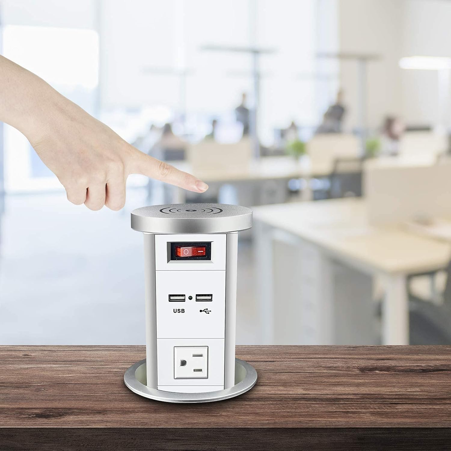 Automatic Pop Up Socket, Pop Up Power Outlet with Wireless Charger, Pulling Pop Up Outlet with 3AC Plugs & 2 USB Ports, Recessed Pop-Up Power Socket for Kitchen Counter Office Conference(White)