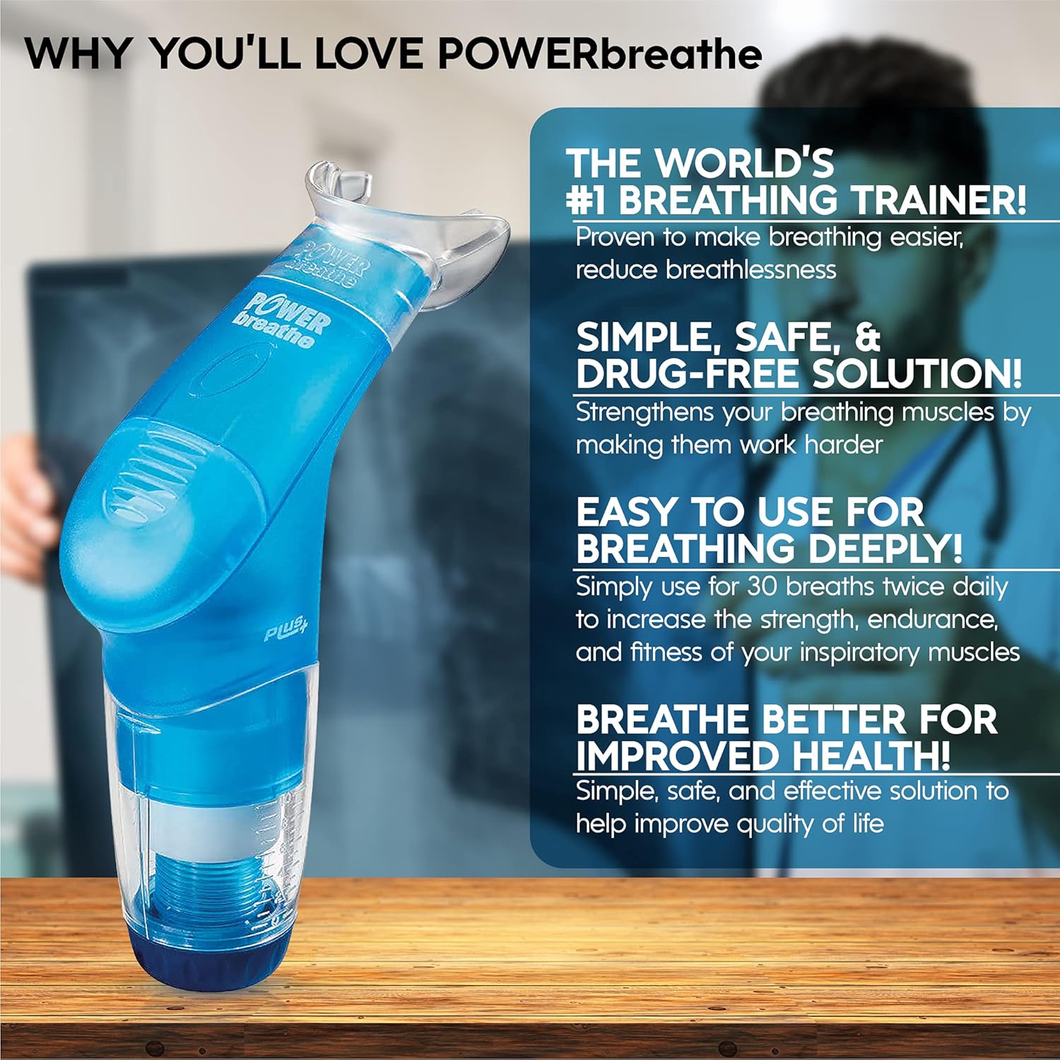 POWERbreathe - Breathing Exercise Device for Lungs, Breathing Trainer and Therapy Tool to Strengthen Breathing Muscles and Help Lung Capacity, Inspiratory Muscle Trainer - Blue, Medium Resistance