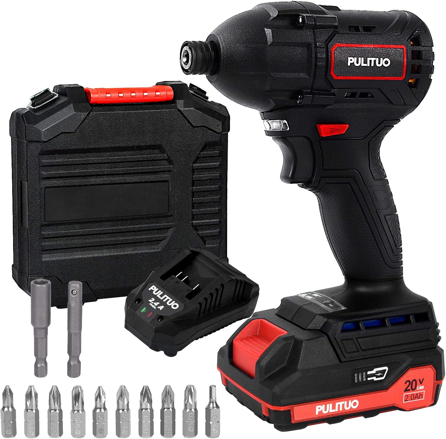 PULITUO Impact Driver,20V Cordless Driver Kit with 3540 In-lbf,0-2300 RPM Variable Speed, 20V Impact Drill Power Tool with Fast Charger,2.0 Ah battery,1/4