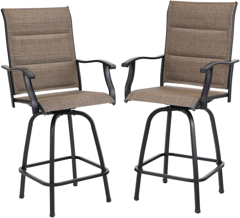 PHI VILLA Swivel Bar Stools Outdoor Kitchen Bar Height Patio Chairs Padded Sling Fabric, All-Weather Patio Furniture, 2 Pack
