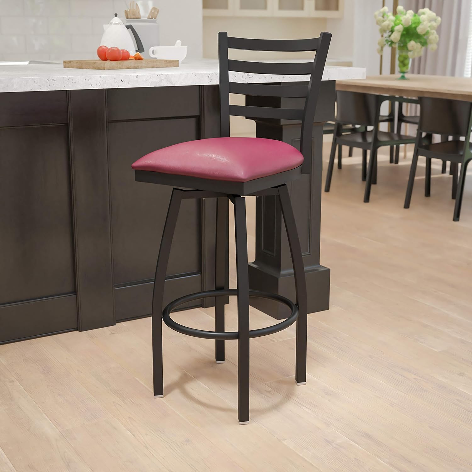 Flash Furniture HERCULES Series Black Ladder Back Swivel Metal Barstool - Black Vinyl Seat