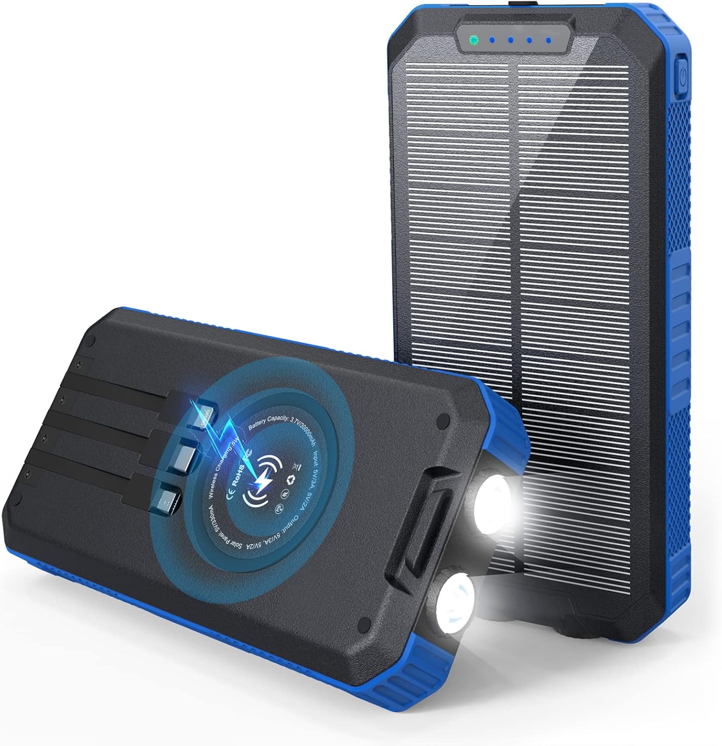 X-DNENG Solar Charger, 30000mAh Solar Power Bank| Solar Charger USB-C Solar Phone Charger with LED Flashlight 2 Input&6 Output External Battery Pack (Navey Blue) Pack of 2