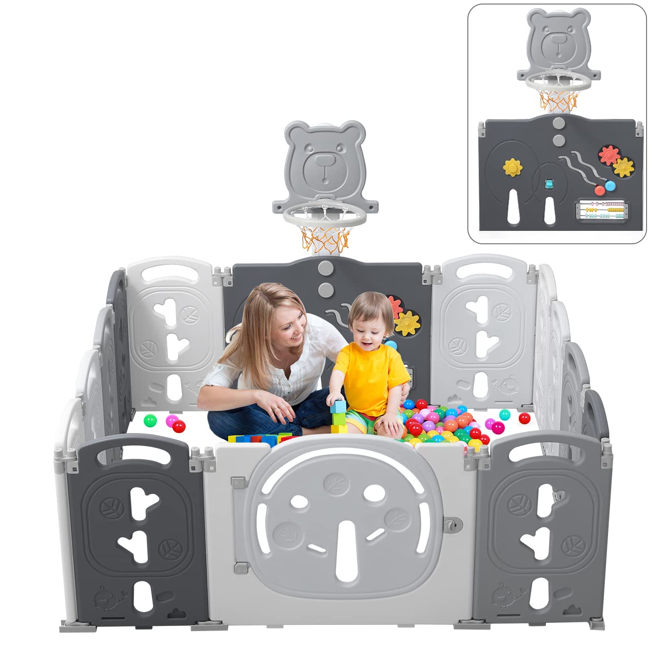 Yoleo Playpen for Babies and Toddlers Foldable Fences with Basketball Hoop Portable Play Yard Crawling Kids Activity Area Blue Themed 14 Panels