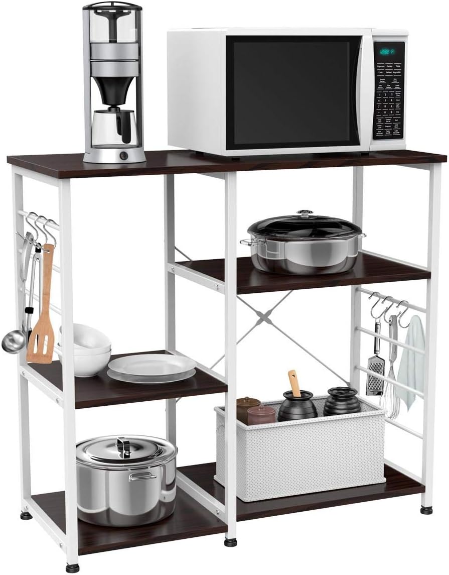 Yaheetech Kitchen Baker's Rack, 3-Tier Industrial Microwave Oven Stand Shelf, 35.5in Free Standing Utility Storage Rack for Spice Rack Organizer w/6 S-shaped Hooks, Easy Assembly, Rustic Brown