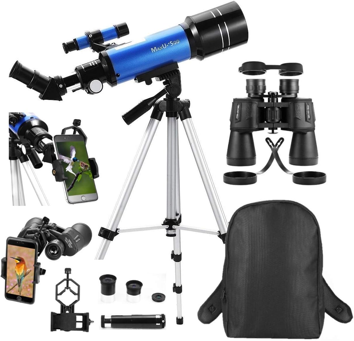 MaxUSee Travel Telescope with Backpack - 70mm Refractor Telescope & 10X50 HD Binoculars Bak4 Prism FMC Lens for Moon Viewing Bird Watching Sightseeing