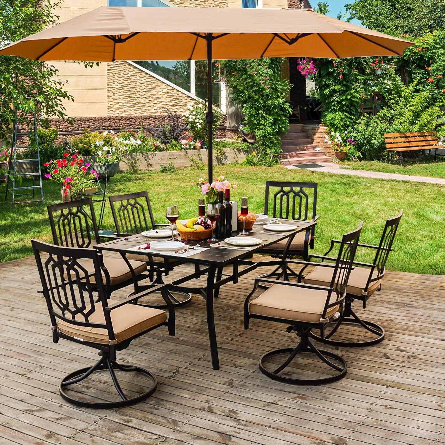 7PCS Outdoor Patio Dining Set 6 Swivel Dining Chairs & 1 Rectangular Outdoor Dining Table with Umbrella Hole, Lawn Backyard Garden Furniture Sets