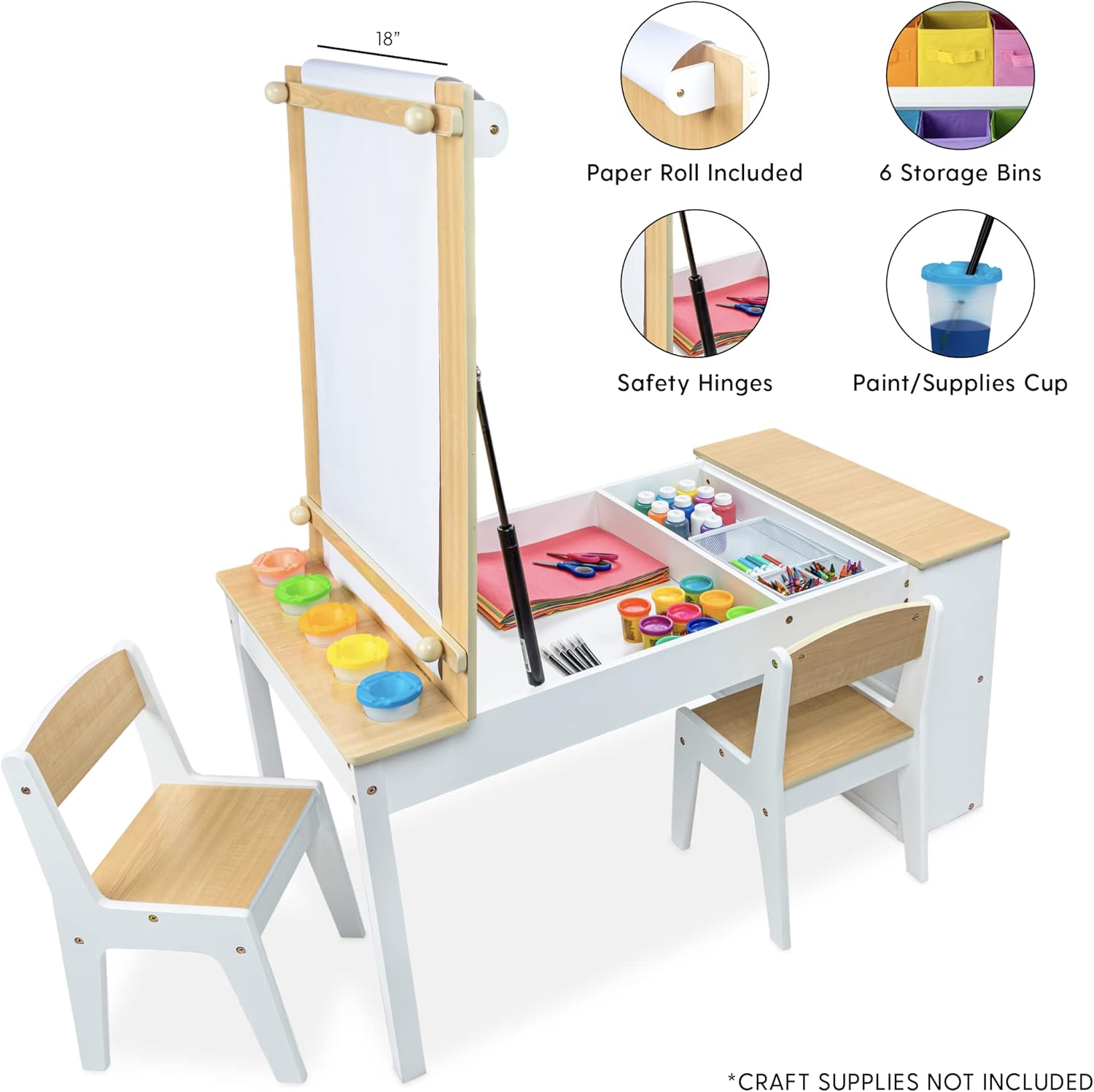 Milliard 2-in-1 Kids Art Table and Art Easel Set with Chairs for Playroom, Toddler Craft and Play Wood Activity Table with Storage Bins and Paper Roll