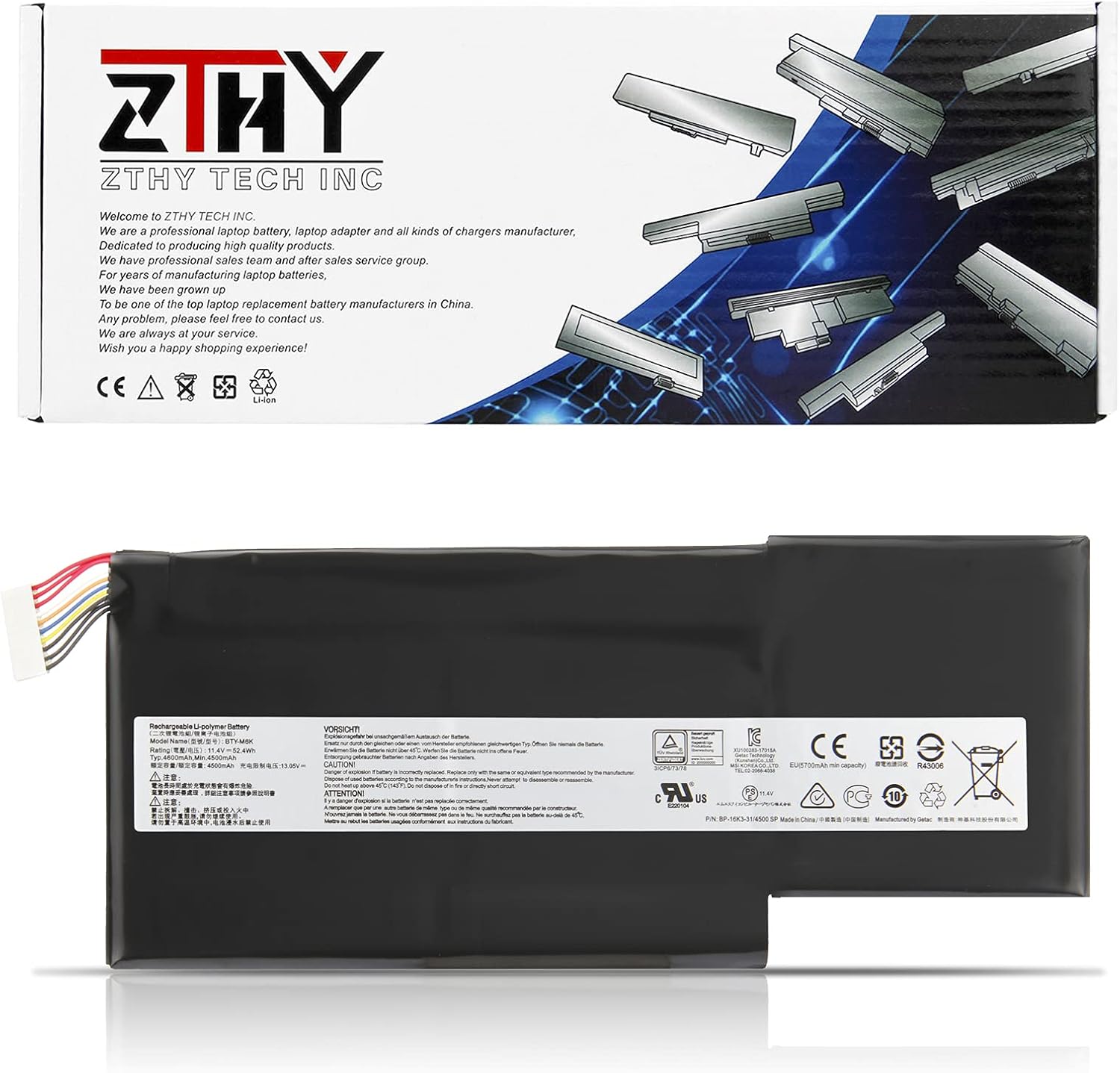 ZTHY BTY-M6K Laptop Battery for MSI Stealth Pro GS63VR 7RG 7RG-005 GF63 Thin 8RC 8RD 9SC 9SCXR 8RD-050NL 010ES GF75 Thin 3RD 8SC 8RD 8RC 8RX 9SC 9SC-088CN MS-17B4 MS-16K3 11.4V 52.4Wh 4500mAh 3Cell Pack of 2