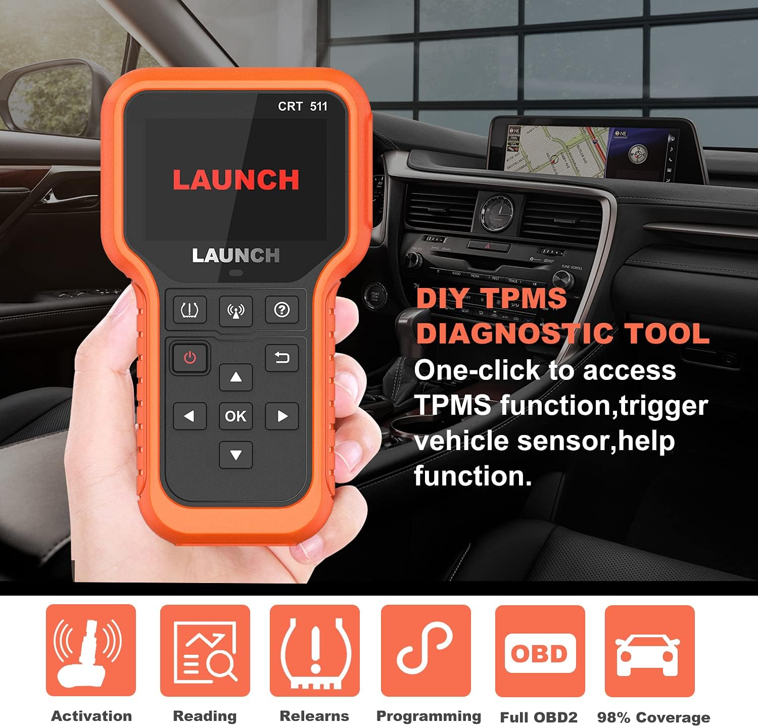 LAUNCH CRT511 TPMS Relearn Tool with 8pcs 2 in 1 315MHz & 433MHz TPMS Sensors, One-Click to Access TPMS Diagnosis, Activate/Relearn Sensors, Program RF-Sersors, Read/Clear TPMS DTCs Car OBD2 Scanner