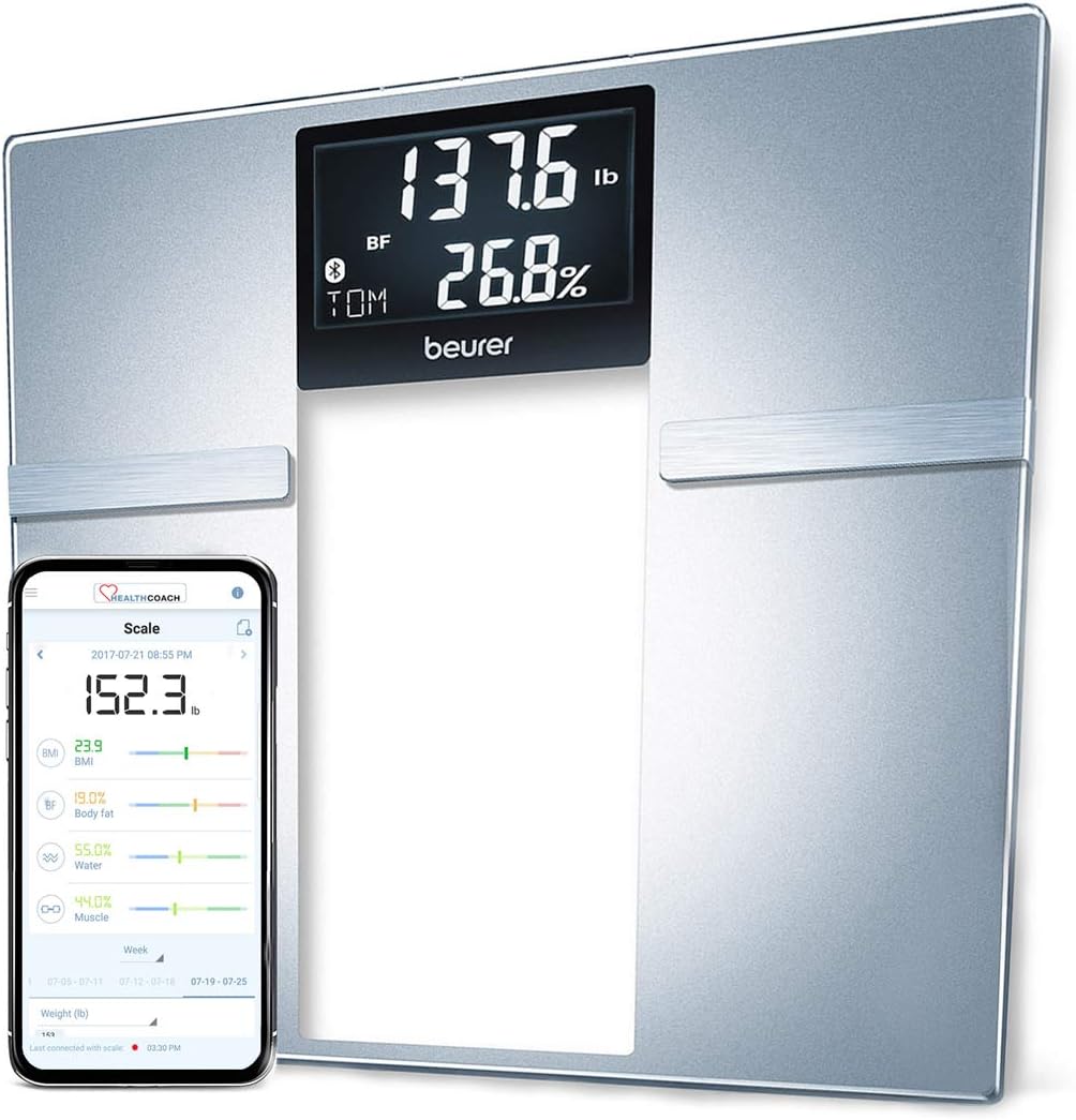 Beurer BF70 Body Fat Scale, Weight, Water & More, Smart Digital Scale for Full Body Analysis, BMI & Calorie Display, App Sync via Bluetooth, User Recognition, 8 Memory Spaces, Grey Pack of 2