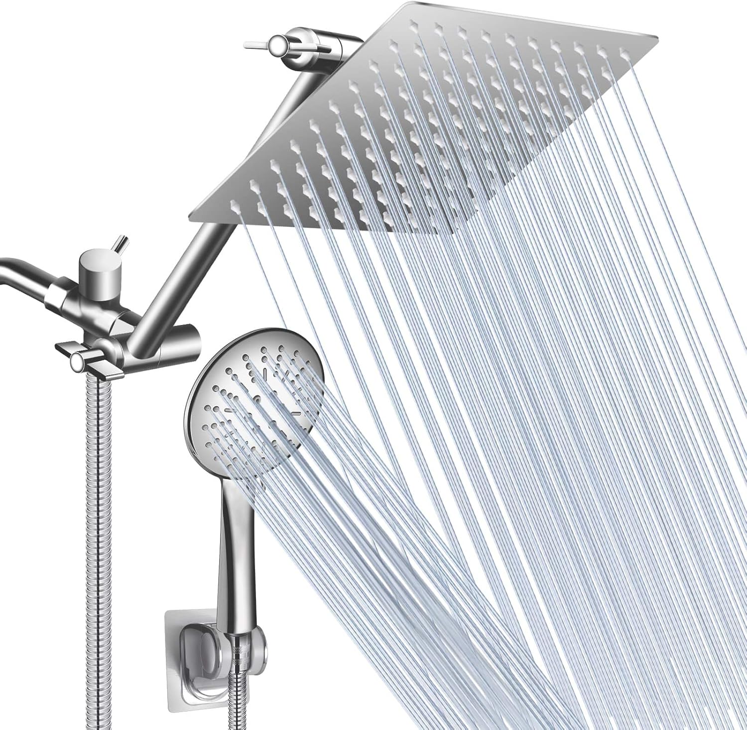 XaGai Shower Head,8 Inch Rain ShowerHead with 11 Inch Adjustment Extension Arm/High Pressure Handheld Shower Head Combo,3 Spray Setting HandHeld Showerhead with 60'' Hose/Adhesive Bracket-Matte Black Pack of 2