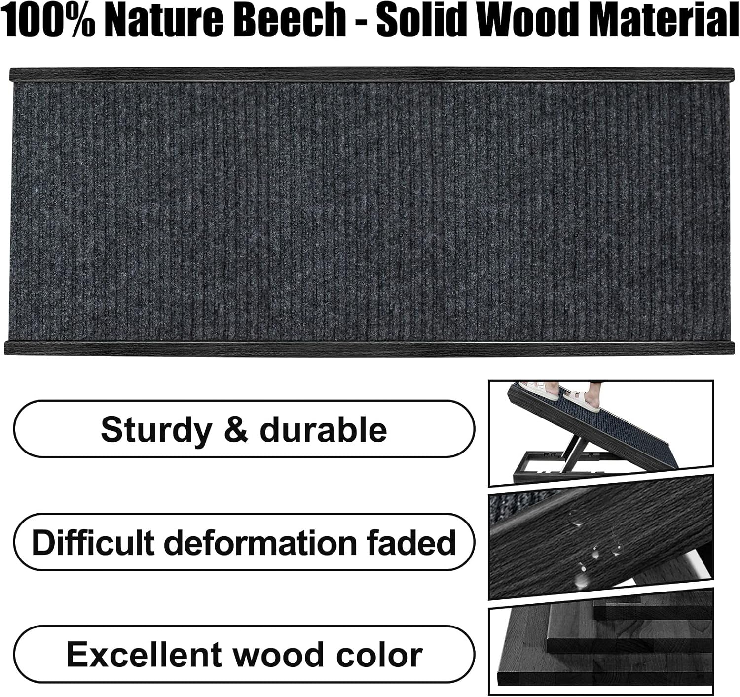 Peclot Adjustable Pet Ramp, Folding Portable Natural Wooden Ramp for All Dogs & Cats, Non Slip Carpet Surface Ramp for Bed, Couch &Car (Black, 39.4” x 15.7”)