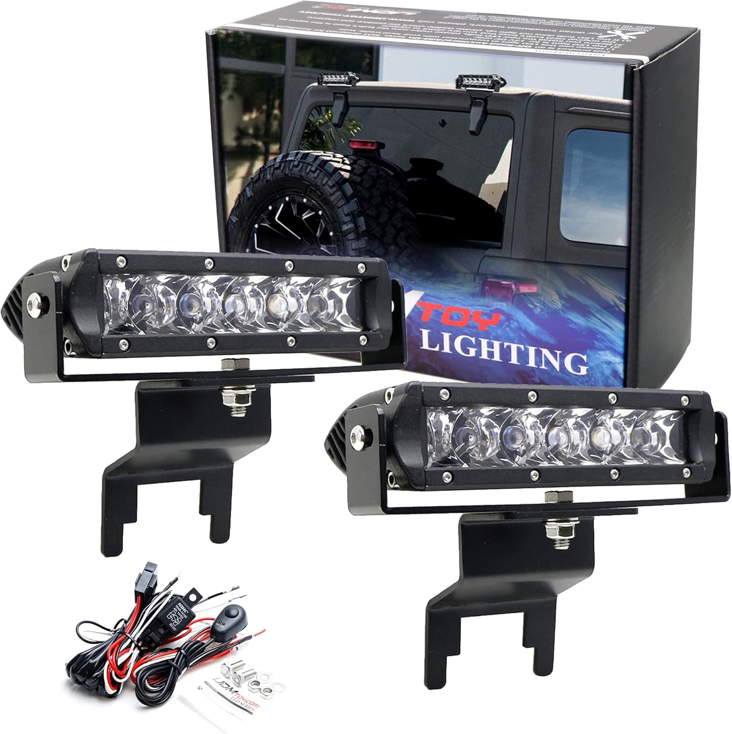 iJDMTOY Above Rear Window Mount Dual 6-Inch LED Light Bar Kit, Compatible With Jeep 2007-up Wrangler JK JL Hardtop, Include (2) 30W CREE LED Lightbar, Back Windshield Hinge Brackets & Wiring Relay