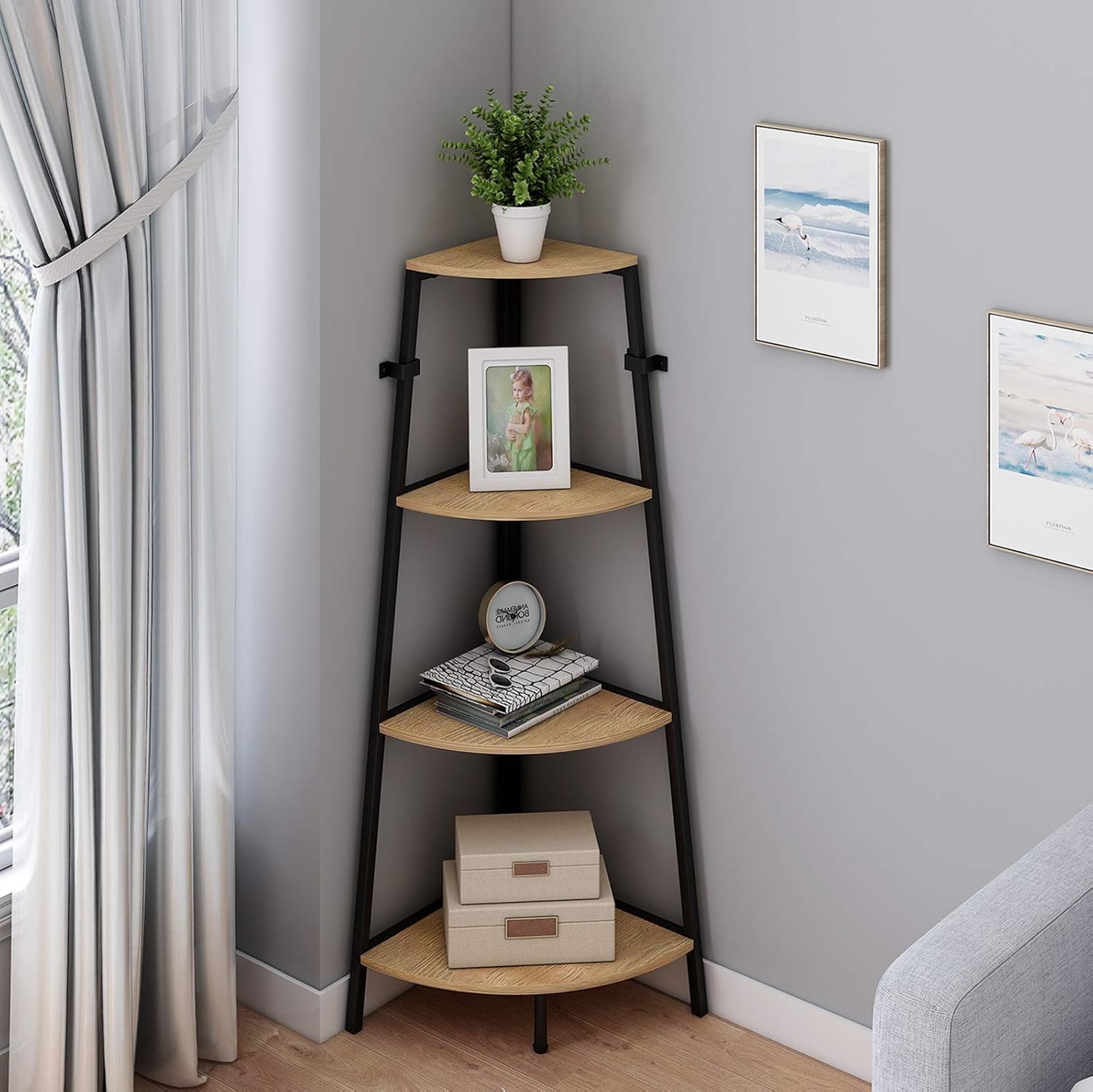 HOMYSHOPY 4 Shelves Industrial Corner Bookcase, A-Shaped Display Storage Rack Shelves, Grey Finish