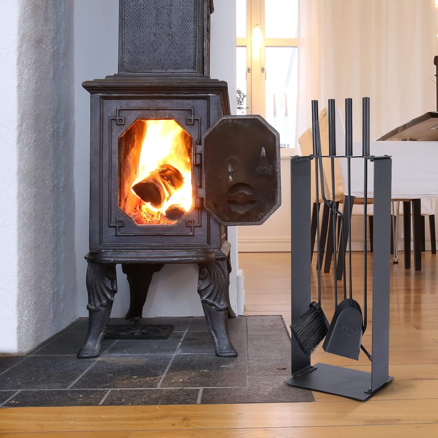 INNO STAGE 5 Pieces Fireplace Tools Set Wrought Iron Fire Stove Hearth Tools with Holder for Fire Place Accessories