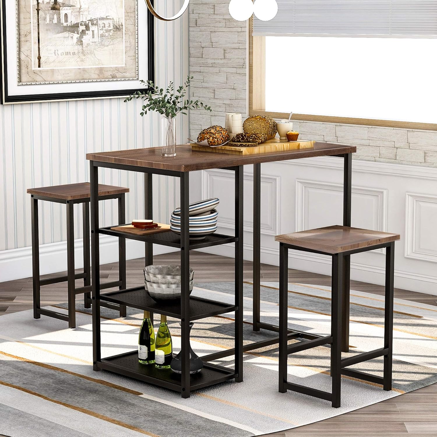 Merax 3-Piece Pub Table Set Counter Height Table Set Dining Room Table with Storage Shelves for Small Place