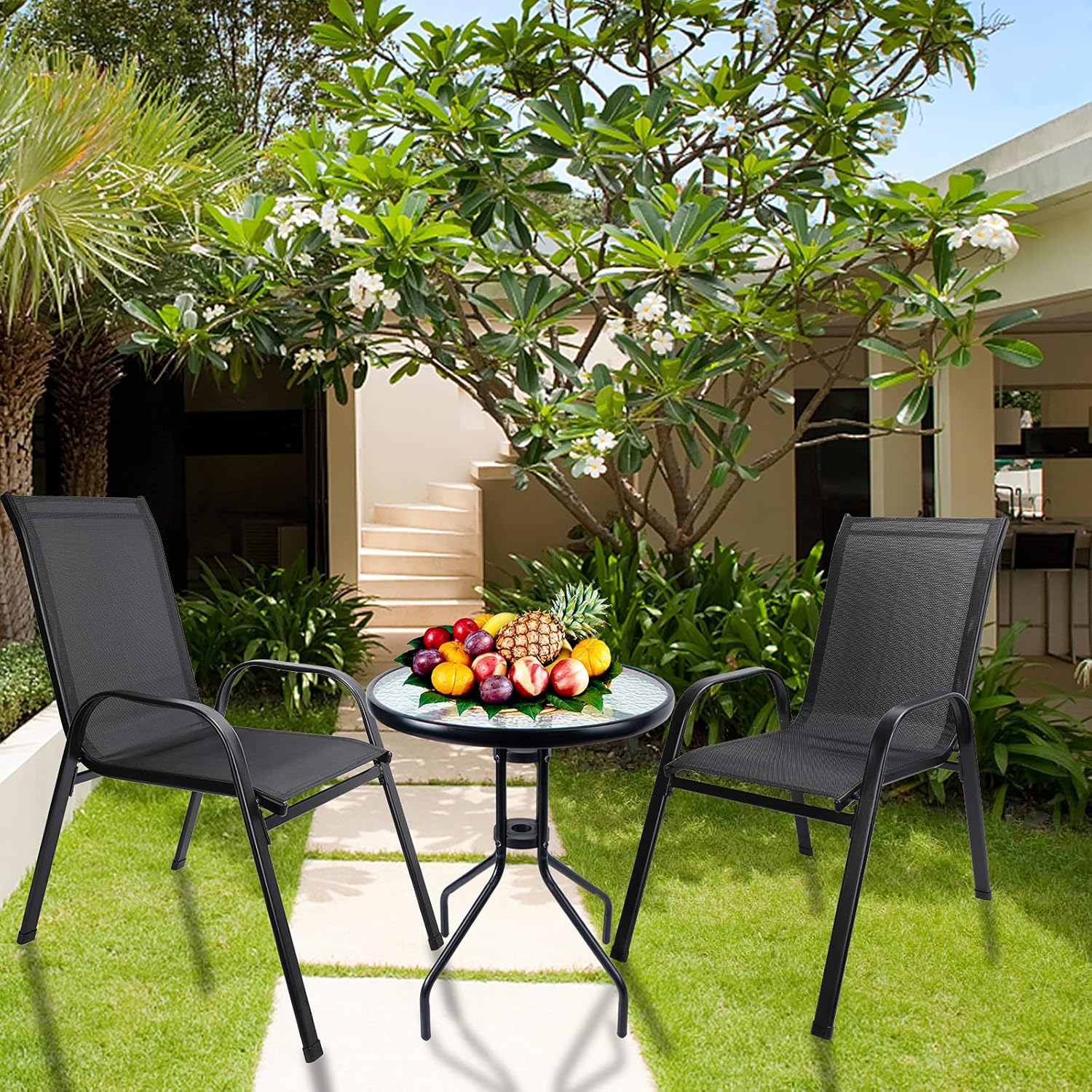 Patio Chairs Set of 2,Portable Patio Dining Chairs with Armrest High Backrest Sling Chairs Indoor Outdoor Seats for Lawn,Garden,Deck,Backyard,Poolside,Black