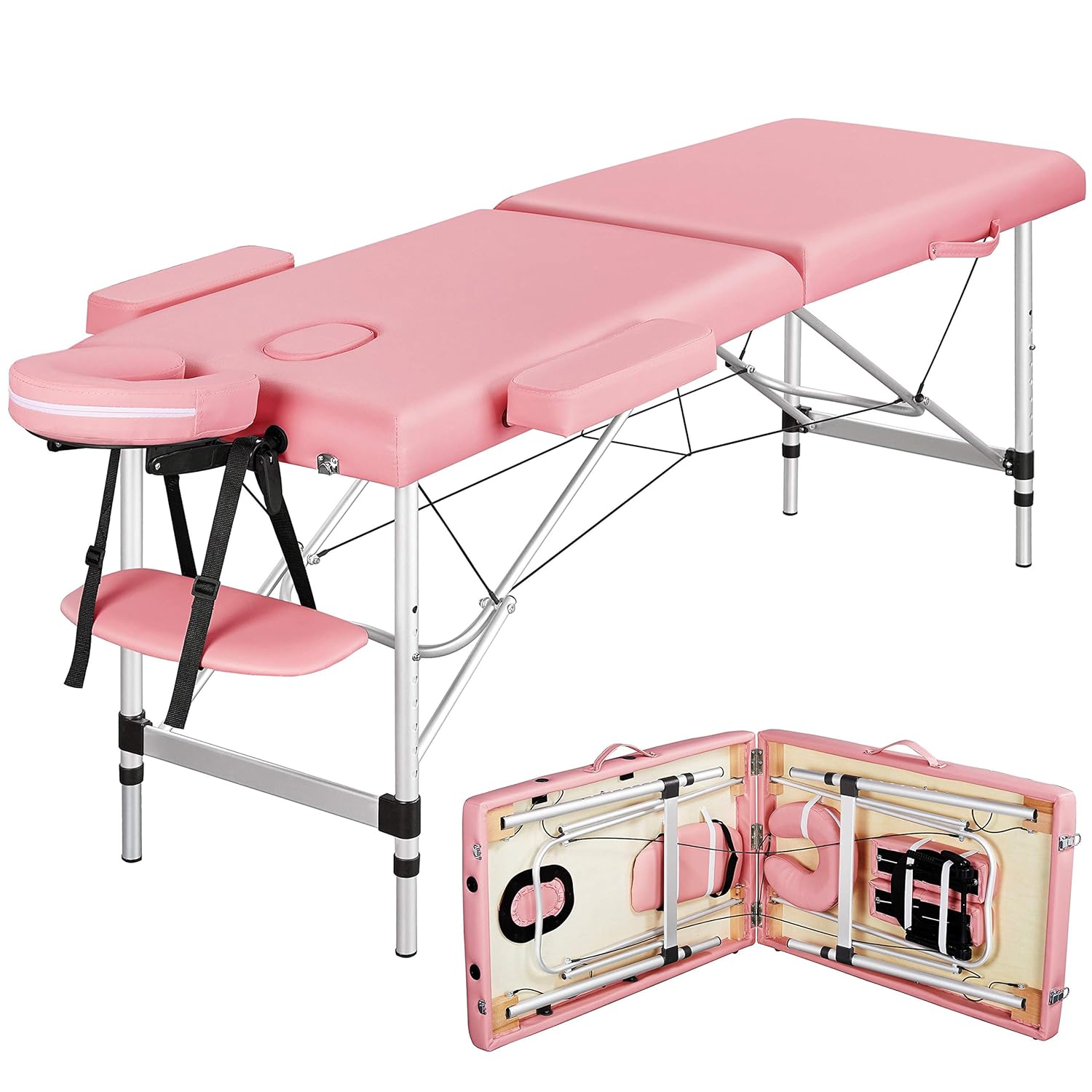 Yaheetech Portable Massage Table 84inch 2 Folding Massage Bed Aluminium Height Adjustable Facial Salon Tattoo Bed Pink