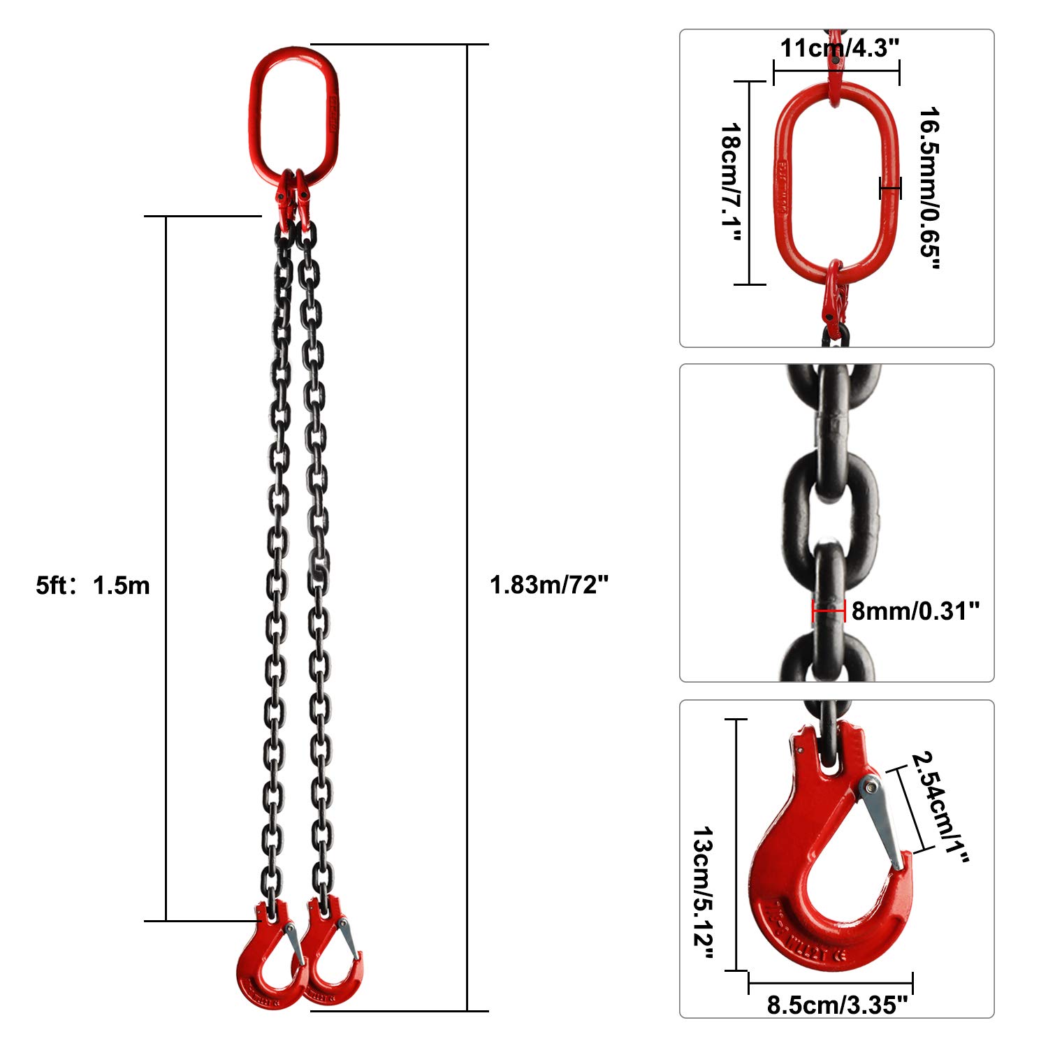 HighFree Chain Sling 5/16 Inch x 5 Feet Double Leg with Grab Hooks Sling Chain for Lifting 3 Ton Capacity, Chain Sling Grade 80 Mn-Steel