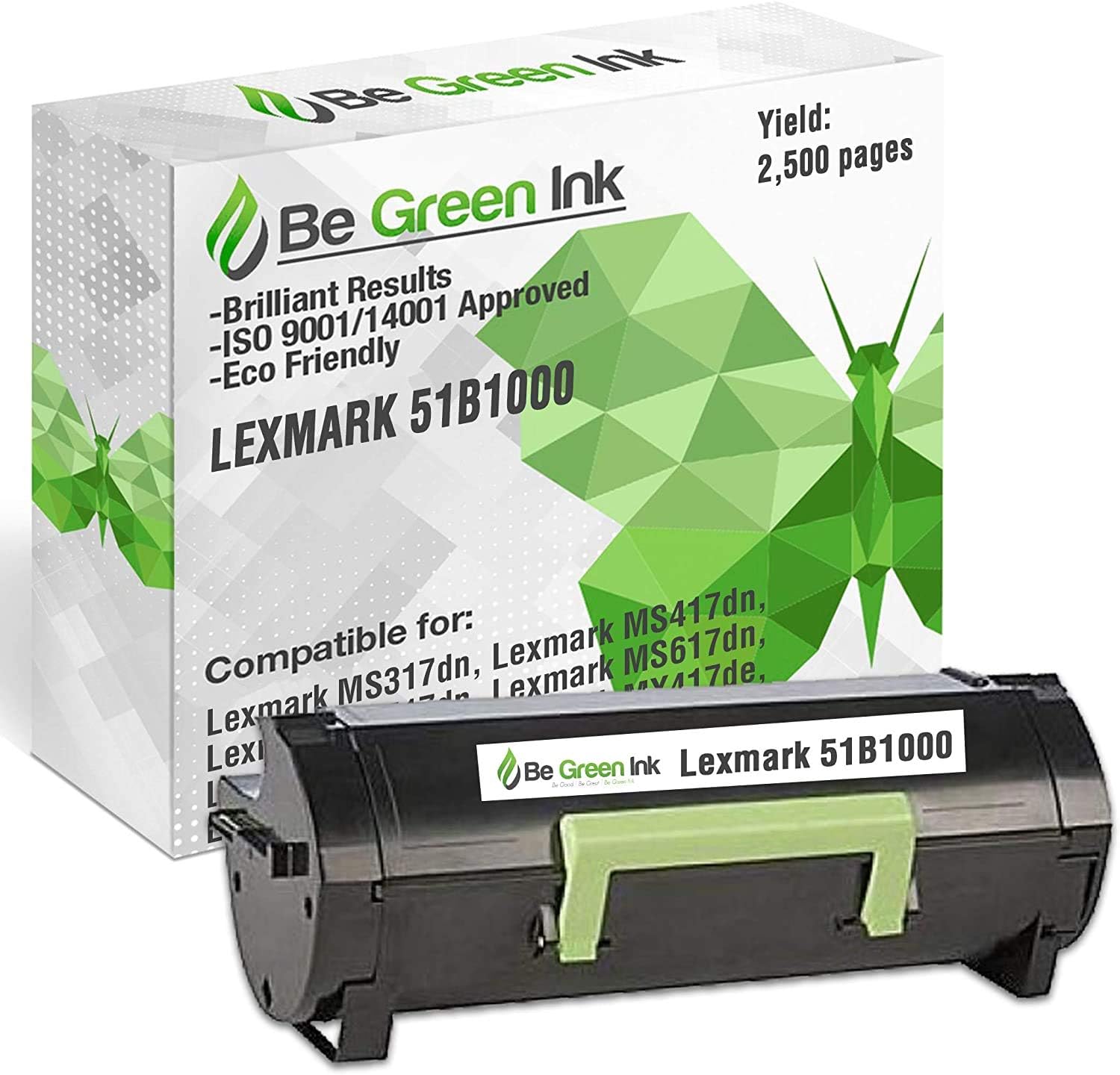 Be Green Ink Compatible Replacement Black Toner Cartridge for Lexmark MS317dn MS417dn MS517dn MS617dn MX317dn MX417de MX517de MX617de - 51B1000 Black Toner (2.5k Yield) Pack of 2