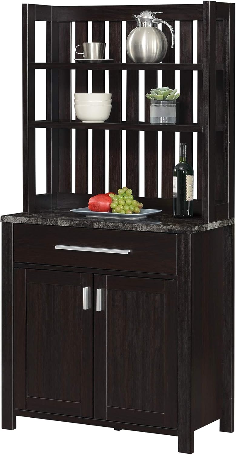 Convenience Concepts Sawyer Wine Bar with Cabinet, Faux Black Marble / Espresso