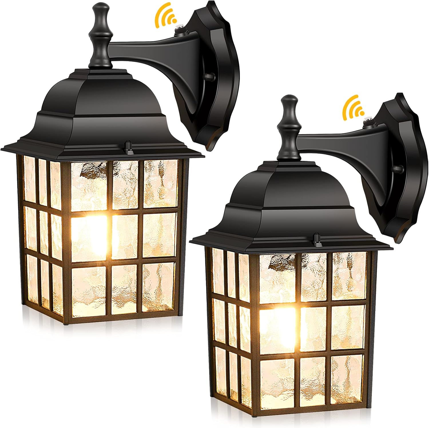 2-Pack Dusk to Dawn Outdoor Wall Lantern, Exterior Light Fixtures Wall Mount with Photocell Sensor, Black Wall Light Waterproof, Waterfall Glass Outside Wall Sconce for Porch House Garage