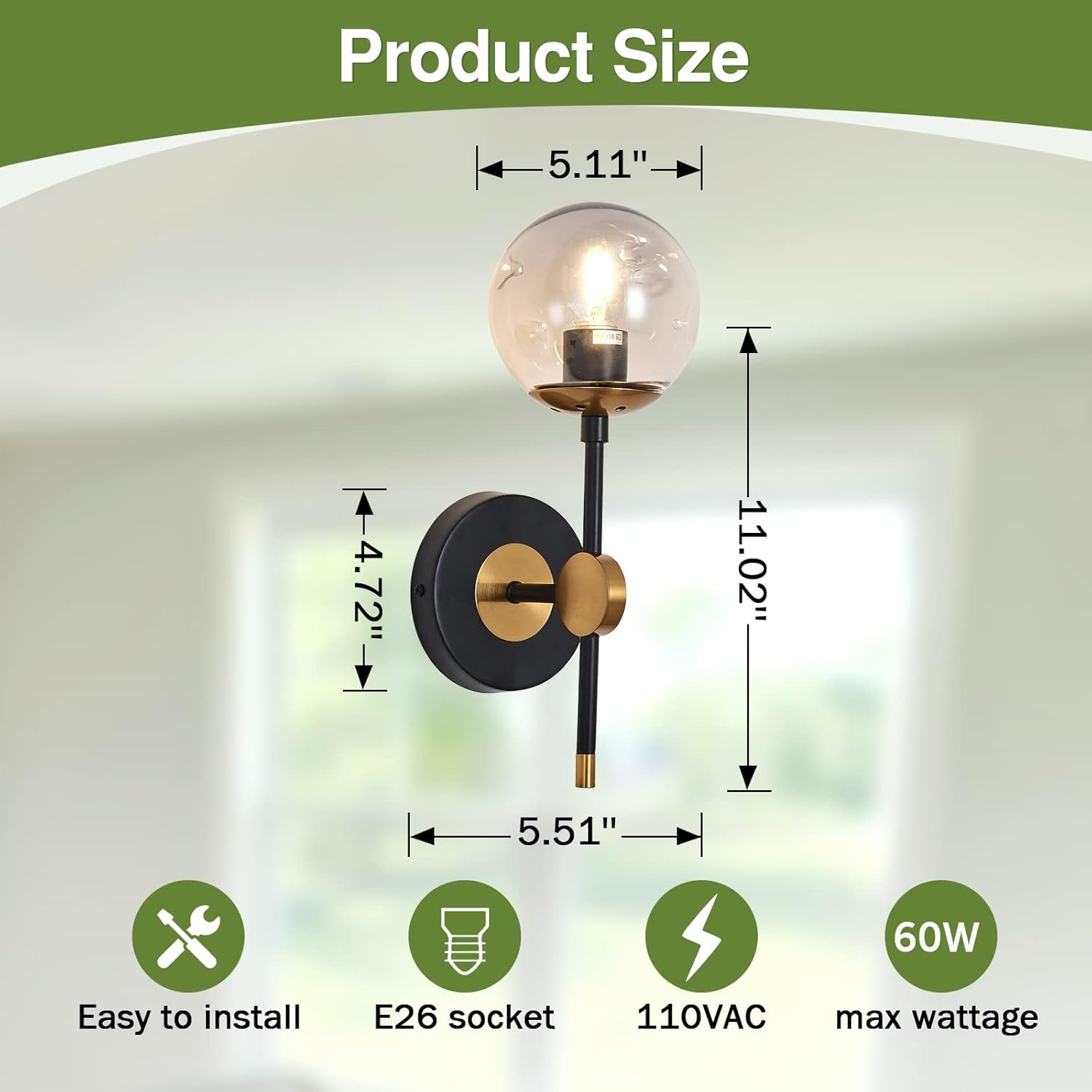 Vintage Wall Mounted Lighting,Black Glass Globe Light Fixture,1-Light Bedroom Wall Lights Fixtures for Indoor Doorway Bedroom Bathroom