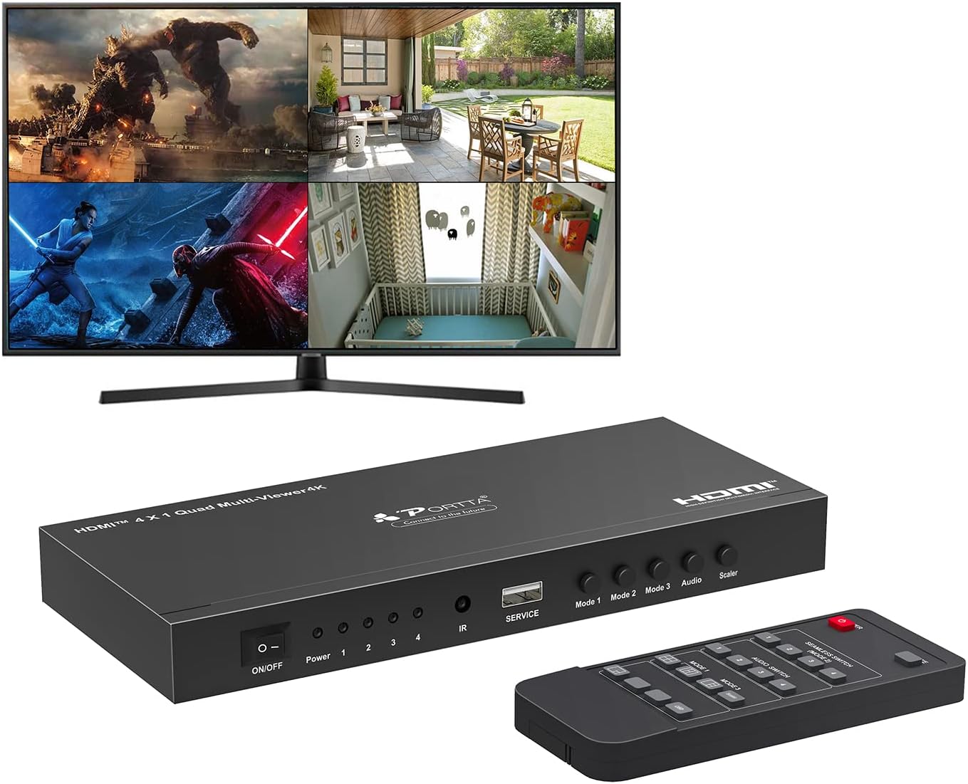HDMI Multiviewer Switch 4x1,PORTTA HDMI Quad Multi-Viewer Seamless Switcher 4 in 1 Out with Loop, Audio Extractor to Stereo,4K,5 Viewing Modes for Security Camera, Gaming Consoles (Multiviewer 4K30Hz)