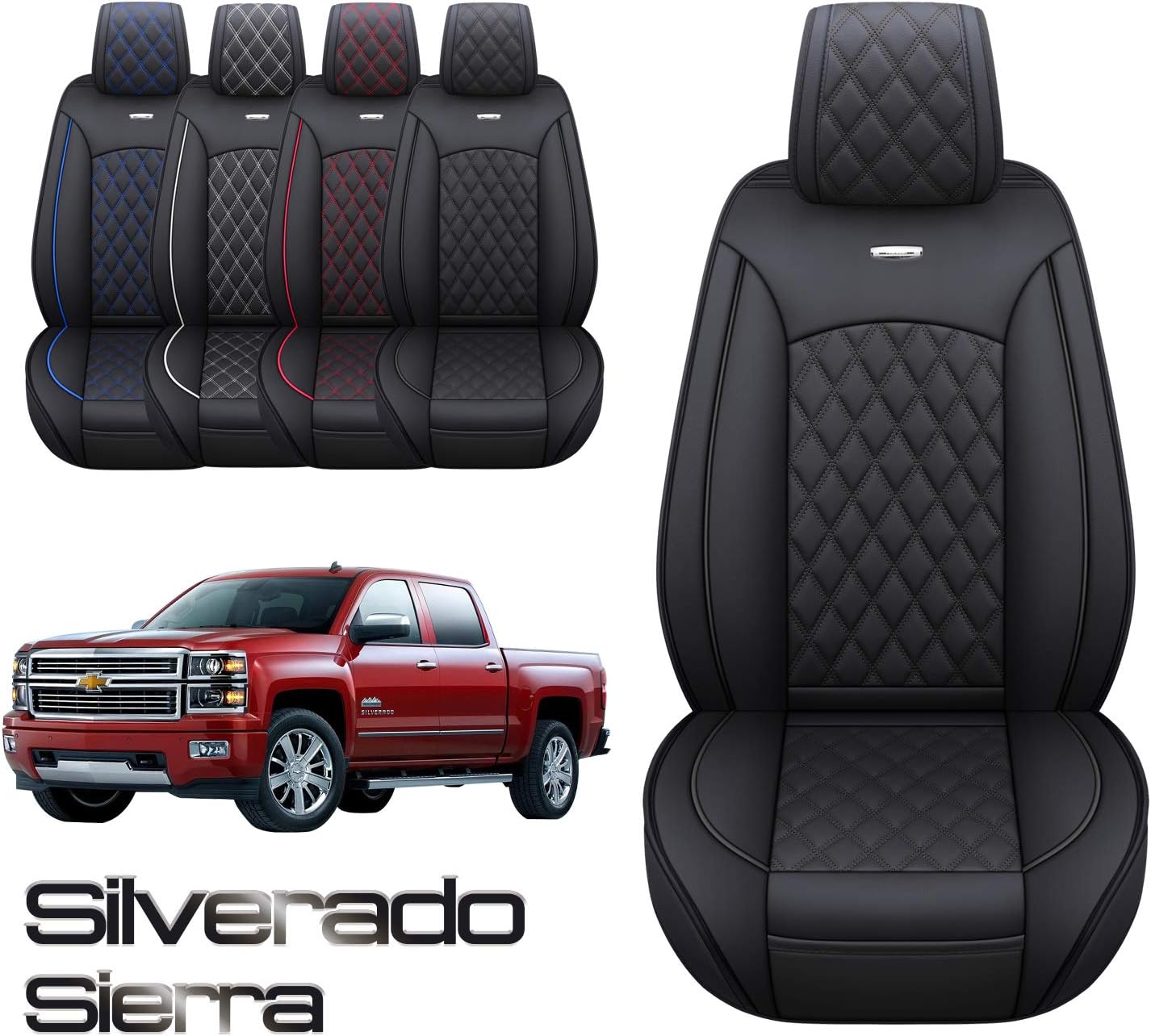 Aierxuan Seat Covers for Cars Full Set Pickup 2007-2022 GMC Sierra Chevy Chevrolet Silverado 1500 2500HD 3500HD Crew Double Extended Cab Waterproof Leather Seat Protectors (Full Set, Black-White)