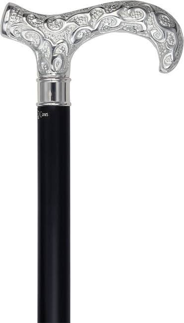 Royal Canes Extra Long Super Strong Silver Plated Scroll Derby Walking Cane - Black Beechwood - Silver Collar