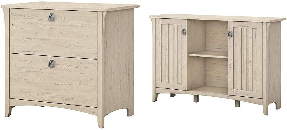 Bush Furniture Salinas Lateral File Cabinet in Antique White & Salinas Accent Storage Cabinet with Doors in Antique White