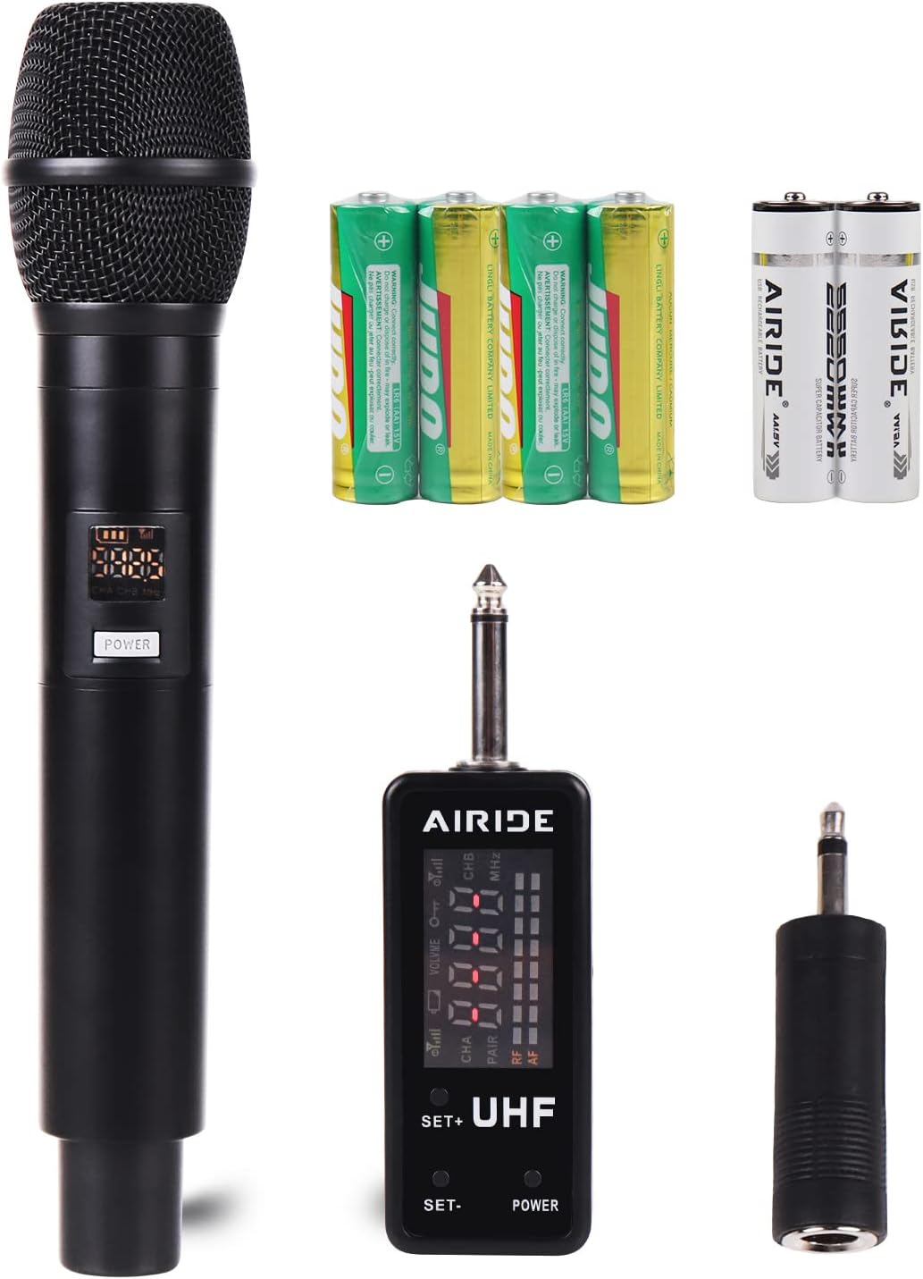 AIRIDE Portable UHF Wireless Microphone System with Metal Cordless Handheld Mic and USB Rechargeable Li-Battery for Karaoke, PA, Mixer, DJ Pack of 2
