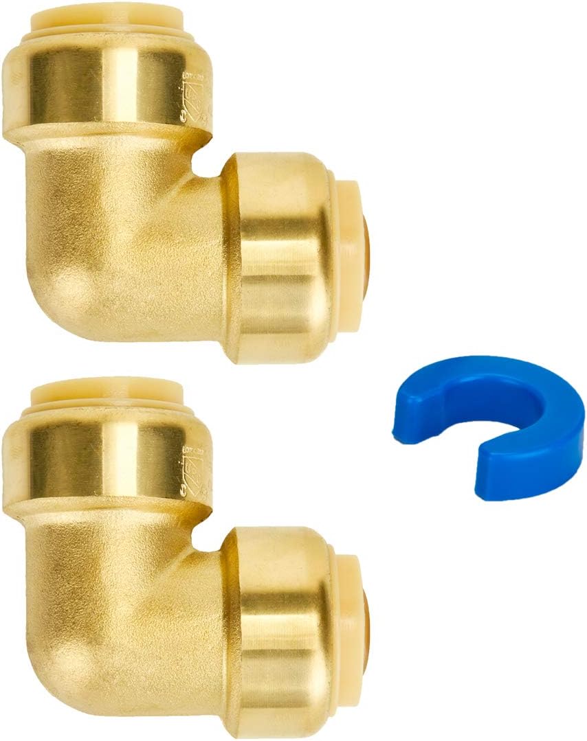 SUNGATOR PEX Elbow, 3/4-Inch Push Fit 90-Degree Plumbing Fitting Pipe Connector with Disconnect Clip, Push-to-Connect, Copper, CPVC, Lead Free Brass (2-Pack) Pack of 2