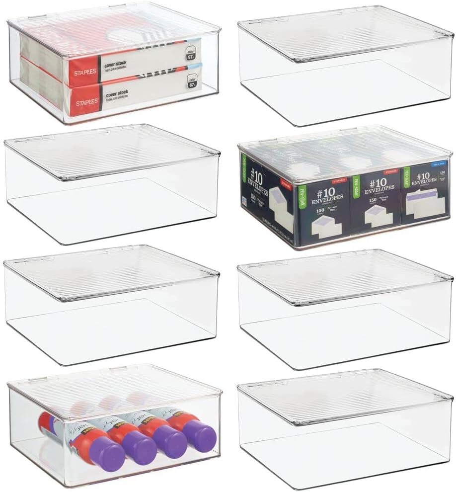 mDesign Plastic Stackable Home, Office Supplies Storage Organizer Box with Attached Lid - Holder Container Bin for Note Pads, Gel Pens, Staples, Dry Erase Markers, Tape - 8 Pack - Clear