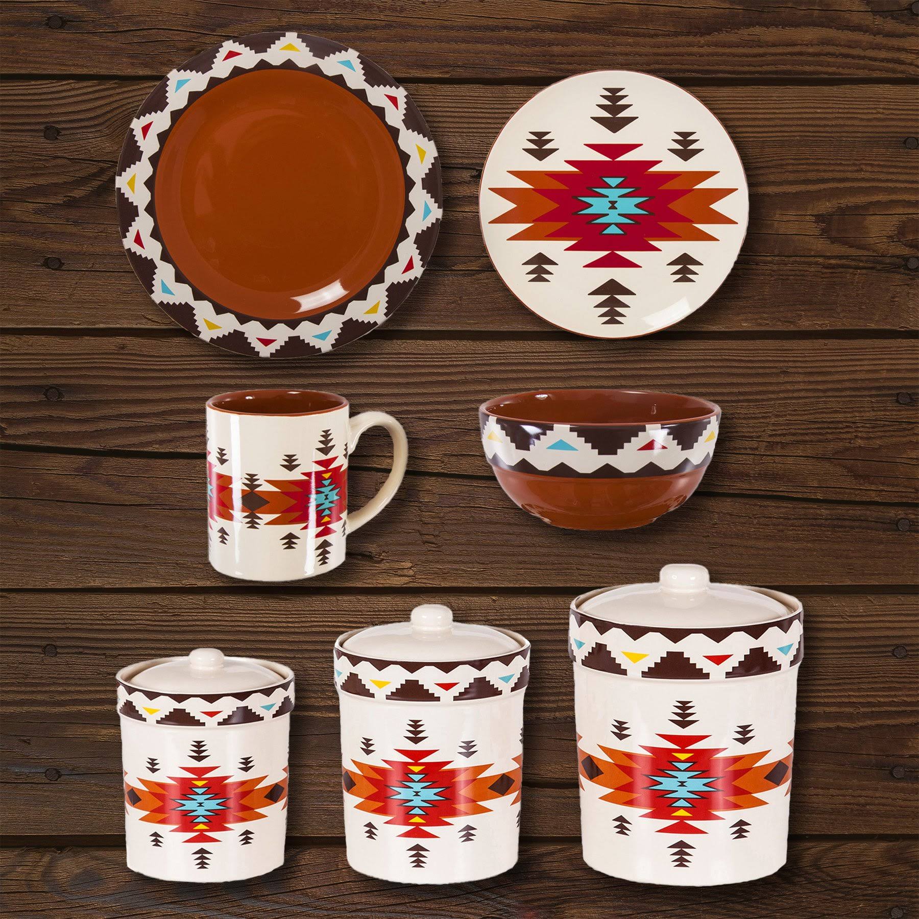 HiEnd Accents Del Sol Aztec 19 PC Southwestern Dinnerware and Canister Set