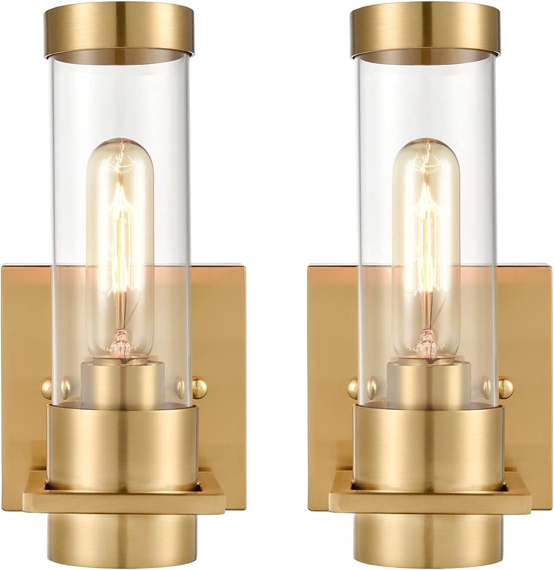 SHAWNKEY Modern Wall Sconce Light Brass Gold Finish Frosted Cylindrical Clear Glass Shade Wall Light Fixtures for Mirror Bathroom Kitchen Entryway Bedroom Wall Mount Sconce 2 Pack