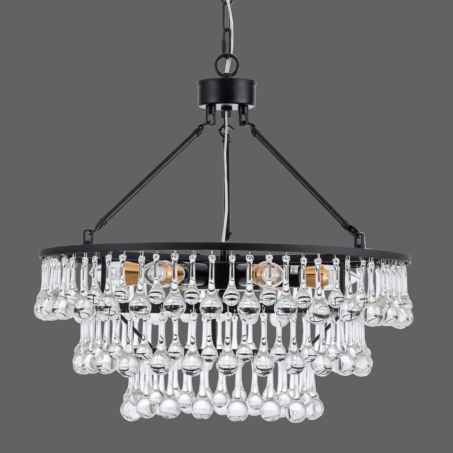 Modern Crystal Chandelier Black Round Pendant Ceiling Light Black 3-Ties Farmhouse Crystal Light for Living Room Dining Room Bedroom D20