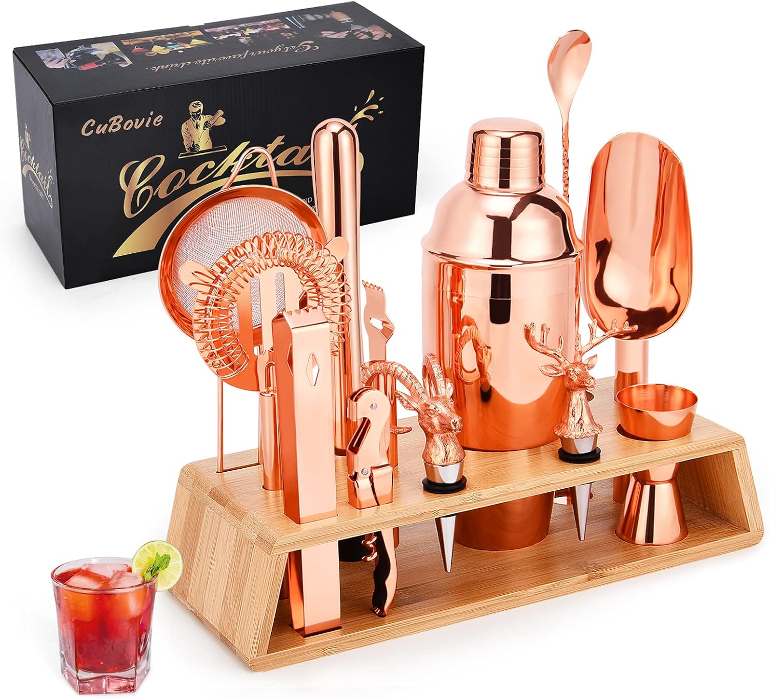 Cubovie Cocktail Shaker Set Bartender Kit with Stand: 15 - Piece Cocktail Bar Set Bar Kit Cocktail Kit Bar Sets For The Home Bartending Kit Bar Tools Set & Cocktail Recipes Cards (Metal Black) Pack of 2