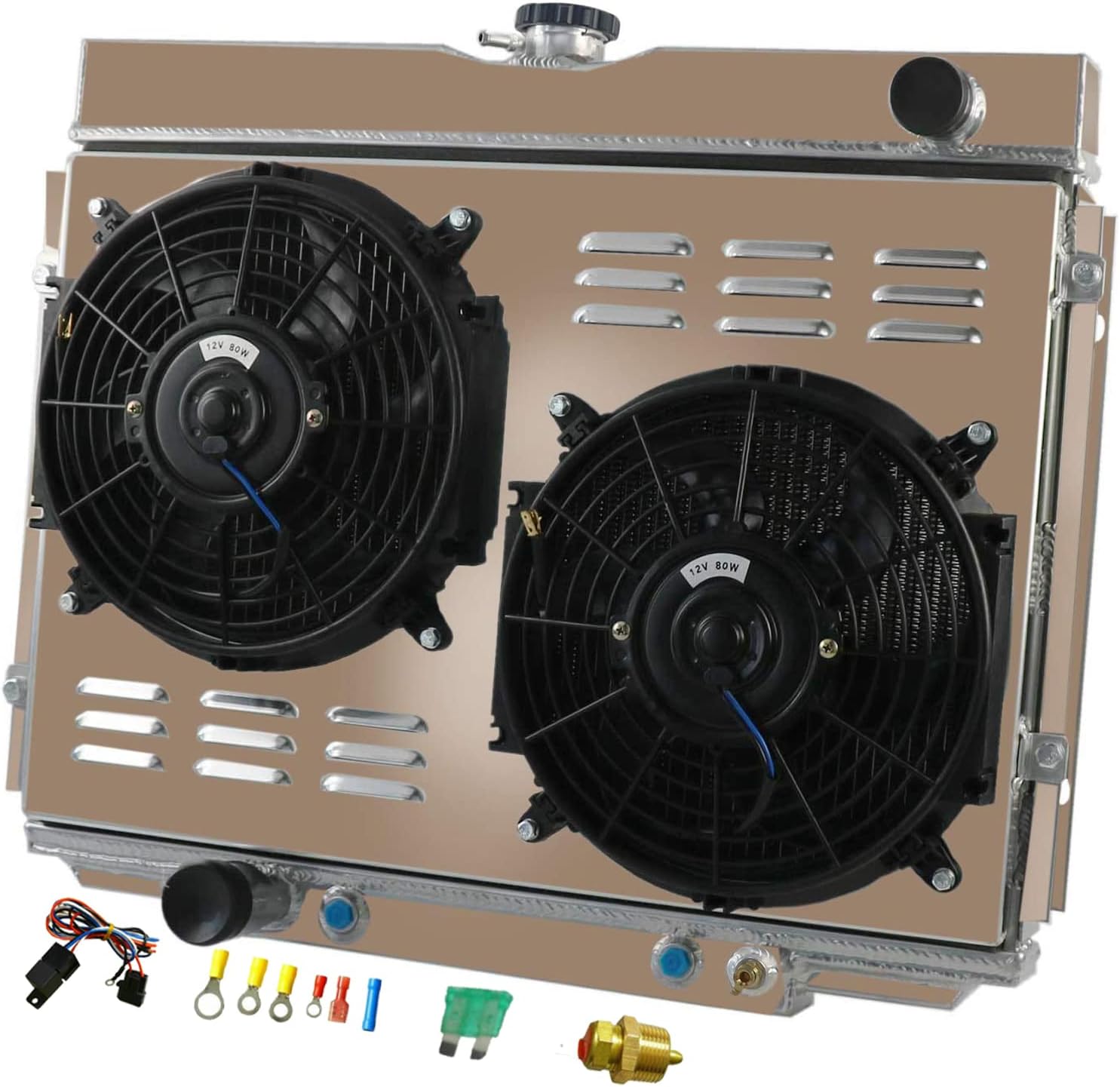 RadRace Aluminum Radiator for 1967 1968 1969 1970 Ford Mercury Mustang Cougar Fairlane Ranchero Falcon 3 Row Core Radiators Shroud Fan Thermostat Relay Kit