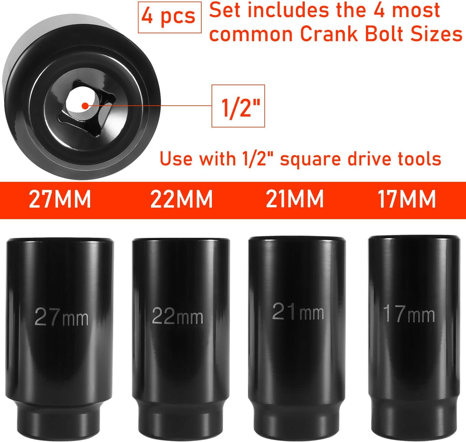 4pcs 1/2 Inch Drive Deep Impact Socket Set 17mm 21mm 22mm 27mm Crank Bolt Socket Set, 6 Point Design, Heavy Duty with Storage Case