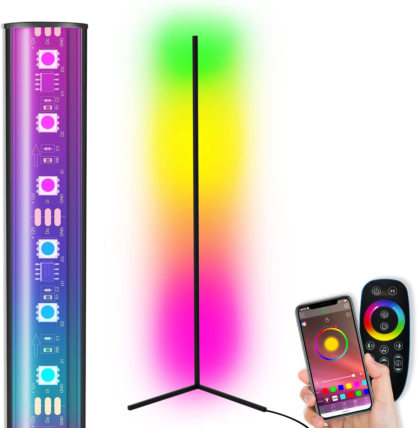 TACAHE Smart Corner Floor Lamp - Advanced Version, APP & Remote Control - Multi Lamp Pattern Sync - Transparent Lampshade with Ultra Brightness, Mood Light for Studio, Gaming Setup - 20W, Black