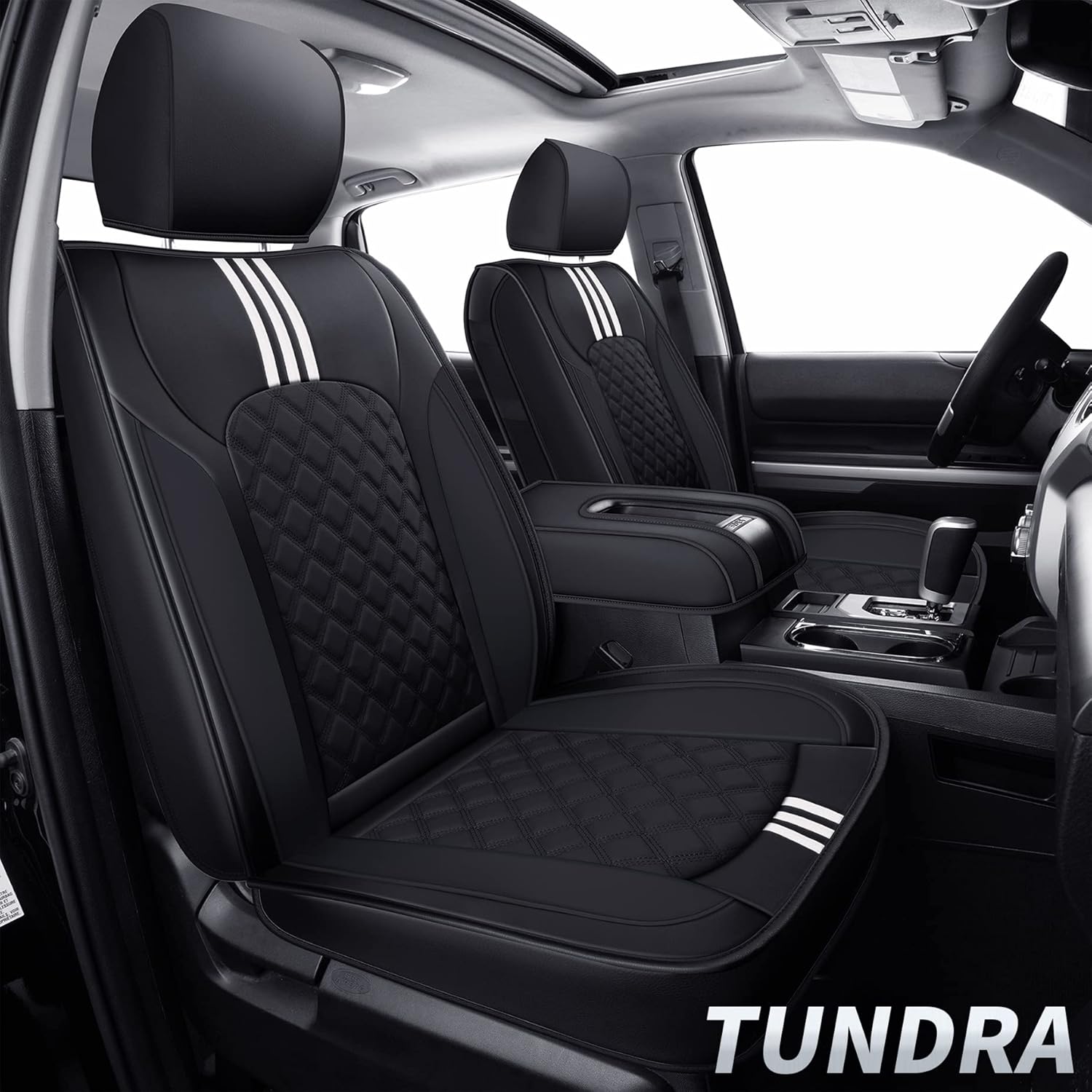 LUCKYMAN CLUB R05-A4 Faux Leather Water Proof Seat Covers, Fit for 2014-2021 Tundra Crew Cab CrewMax Double Cab Pickup Truck with Center Console Cover(Full Set, Black&Blue)