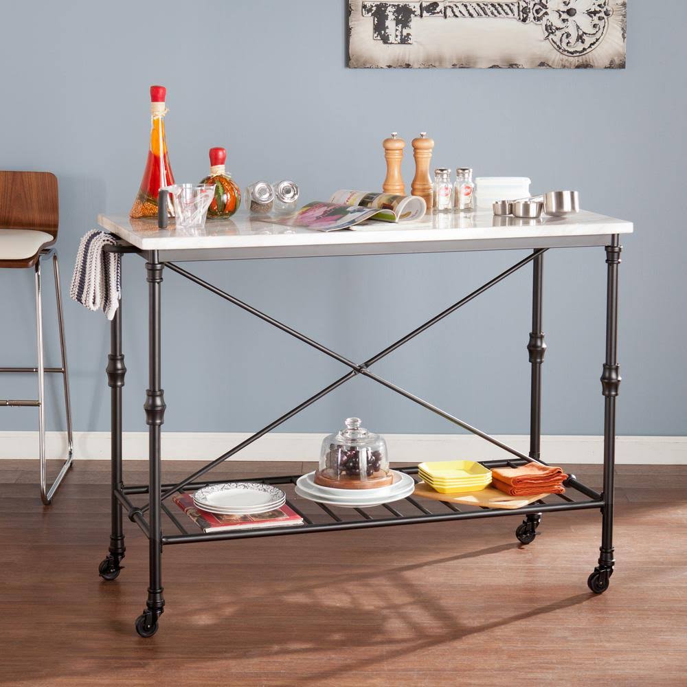 Southern Enterprises Black Serving Cart with Faux Marble Top, Black W Faux Marble Top
