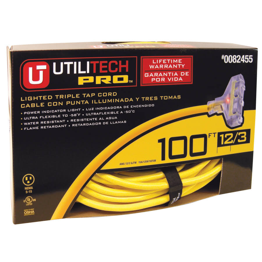 Utilitech Pro 100-ft 15-Amp 120-Volt 3-Outlet 12-Gauge Yellow Outdoor Contractor Extension Cord