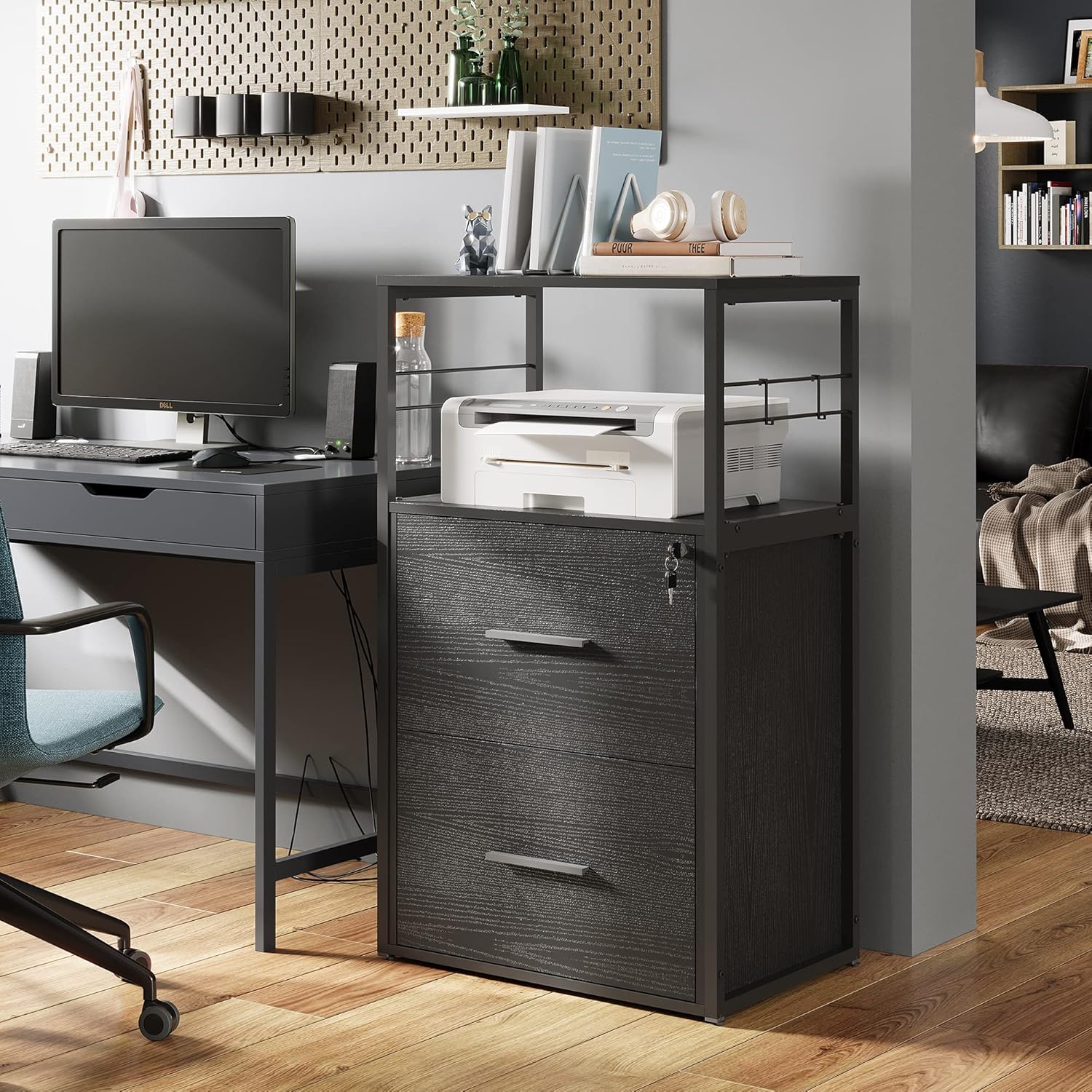 DEVAISE 2 Drawer Lateral File Cabinet with Lock, Filing Cabinet fits Letter/Legal/A4 Size, Large Printer Stand with Storage Shelves for Home Office, Black